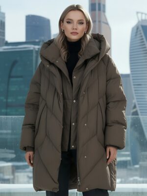 Пальто двубортная зимнее утепленное женское коричневого цвета 7732K