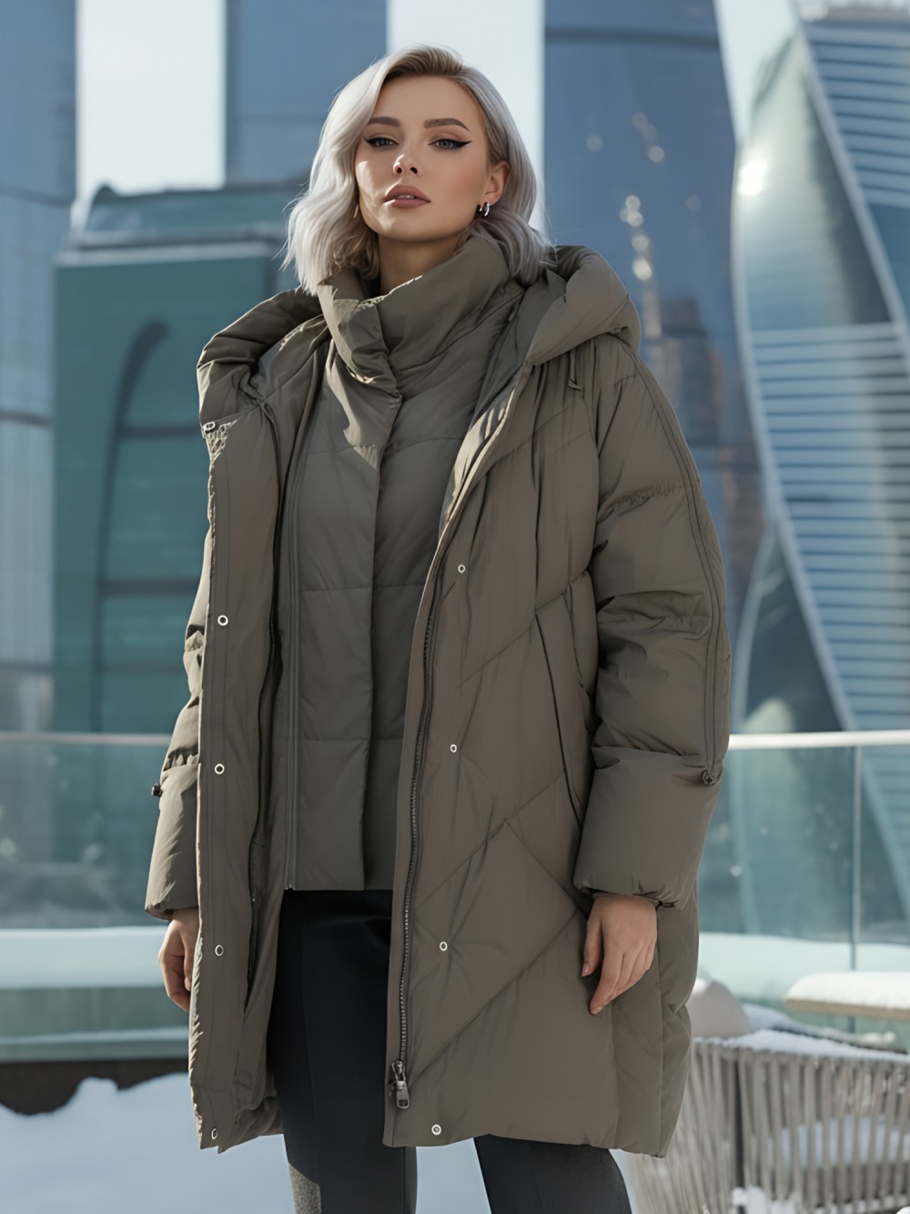 Пальто двубортная зимнее утепленное женское светло-коричневого цвета 7732SK