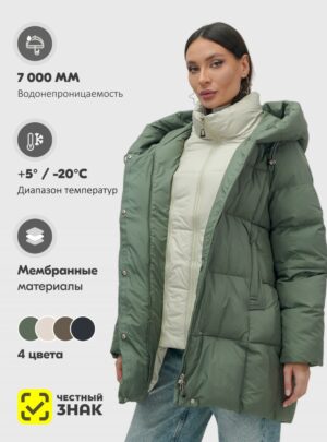 Куртка двубортная женская зимняя с капюшоном цвета хаки 7736Kh