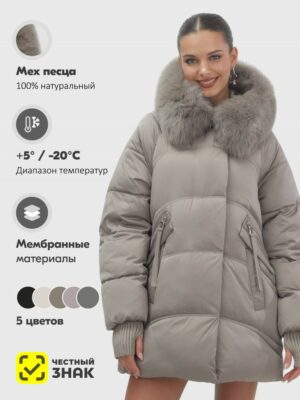 Куртка зимняя женская с мехом и капюшоном тренд светло-коричневого цвета 7737SK