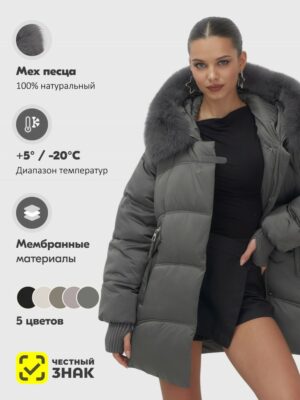 Куртка зимняя женская с мехом и капюшоном тренд темно-зеленого цвета 7737TZ