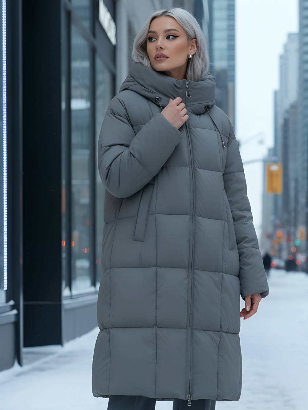 Пальто зимнее утепленное с капюшоном женское темно-серого цвета 7741TC