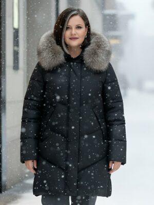 Пальто зимнее утепленное с мехом и капюшоном тренд черного цвета 7745Ch