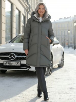 Пальто зимнее утепленное с капюшоном женское цвета хаки 7747Kh