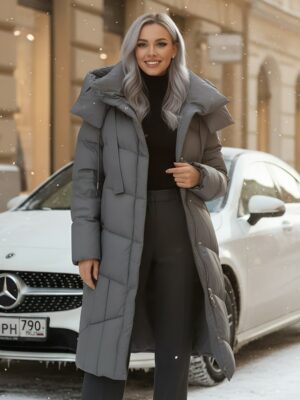 Пальто зимнее утепленное с капюшоном женское темно-серого цвета 7748TC