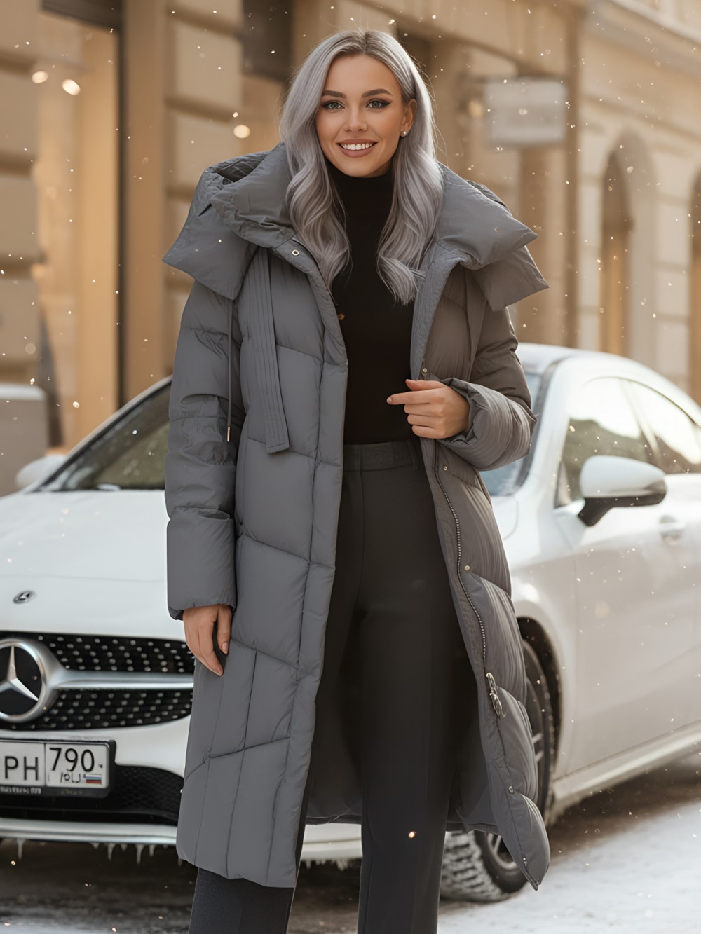 Пальто зимнее утепленное с капюшоном женское темно-серого цвета 7748TC