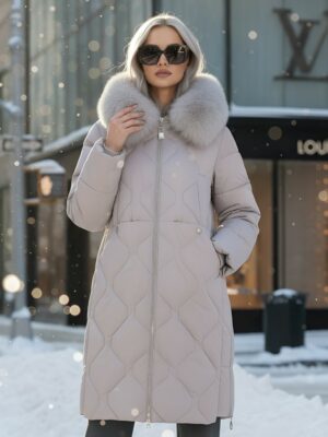 Пальто зимнее утепленное с мехом и капюшоном тренд светло-коричневого цвета 7753SK