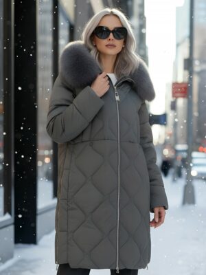 Пальто зимнее утепленное с мехом и капюшоном тренд темно-зеленого цвета 7753TZ