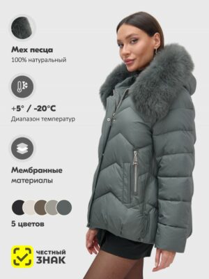 Куртка зимняя женская с мехом и капюшоном тренд темно-серого цвета 7759TC