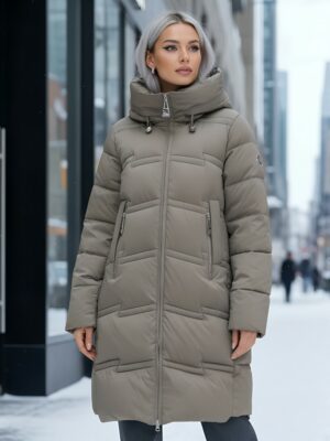 Пальто зимнее утепленное с капюшоном женское светло-коричневого цвета 7779SK