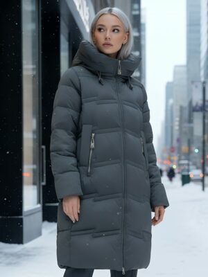 Пальто зимнее утепленное с капюшоном женское темно-зеленого цвета 7779TZ