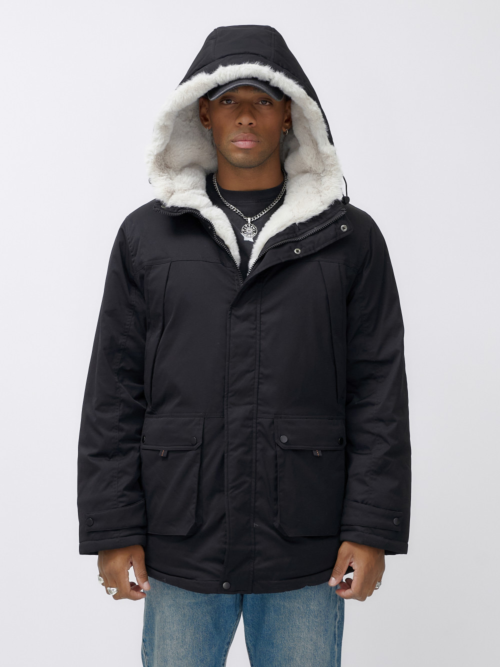 Парка мужская зимняя удлиненная с мехом черного цвета 8753Ch