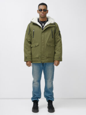 Парка мужская зимняя удлиненная с мехом цвета хаки 8761Kh