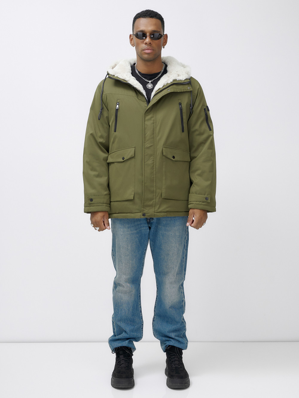 Парка мужская зимняя удлиненная с мехом цвета хаки 8761Kh