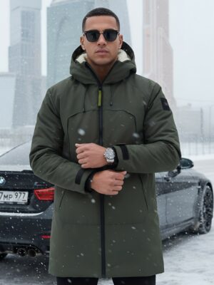 Парка зимняя мужская с капюшоном цвета хаки 9533-1Kh