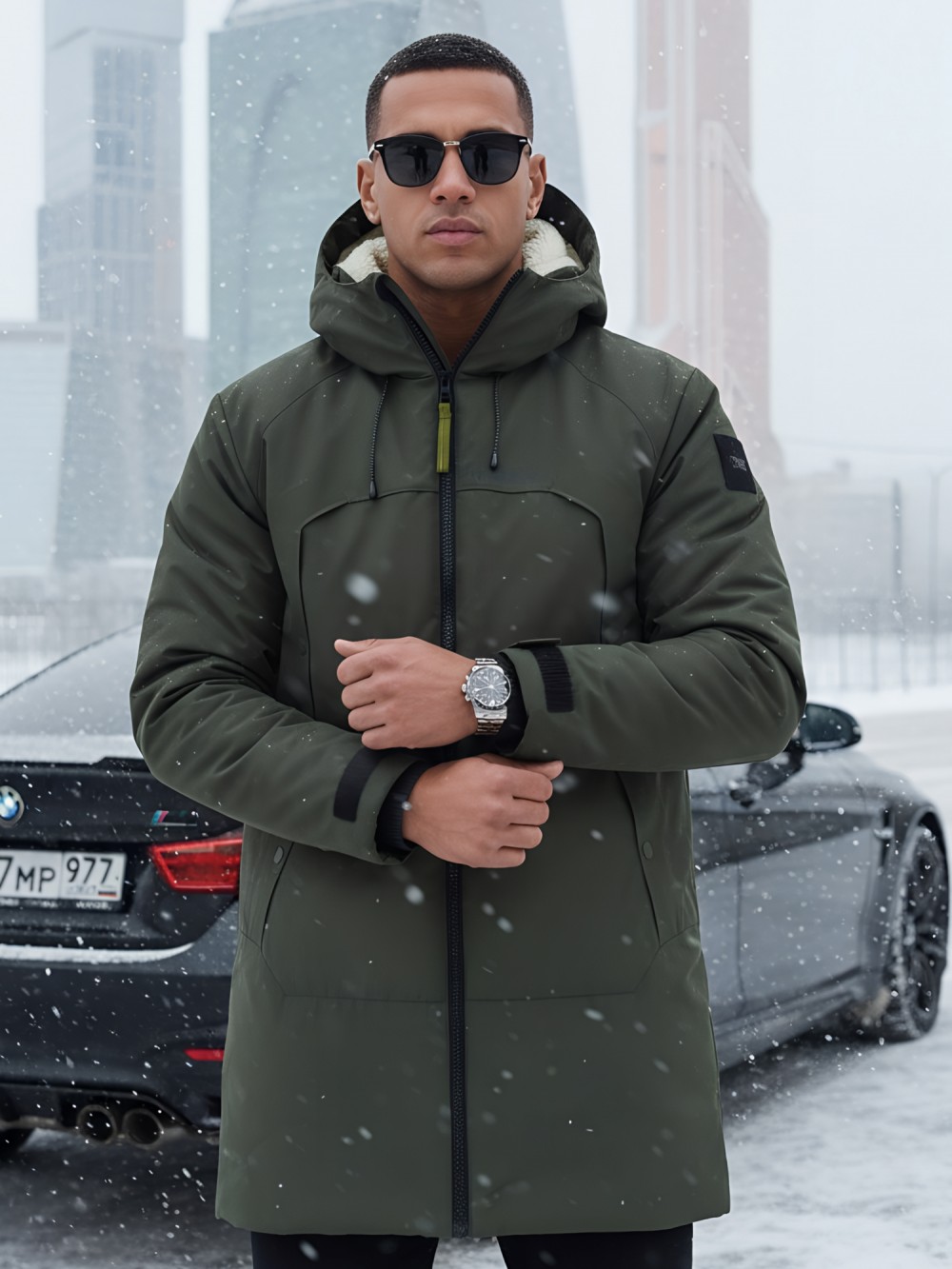 Парка зимняя мужская с капюшоном цвета хаки 9533-1Kh