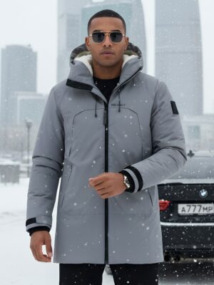Парка зимняя мужская с капюшоном серого цвета 9533-1Sr
