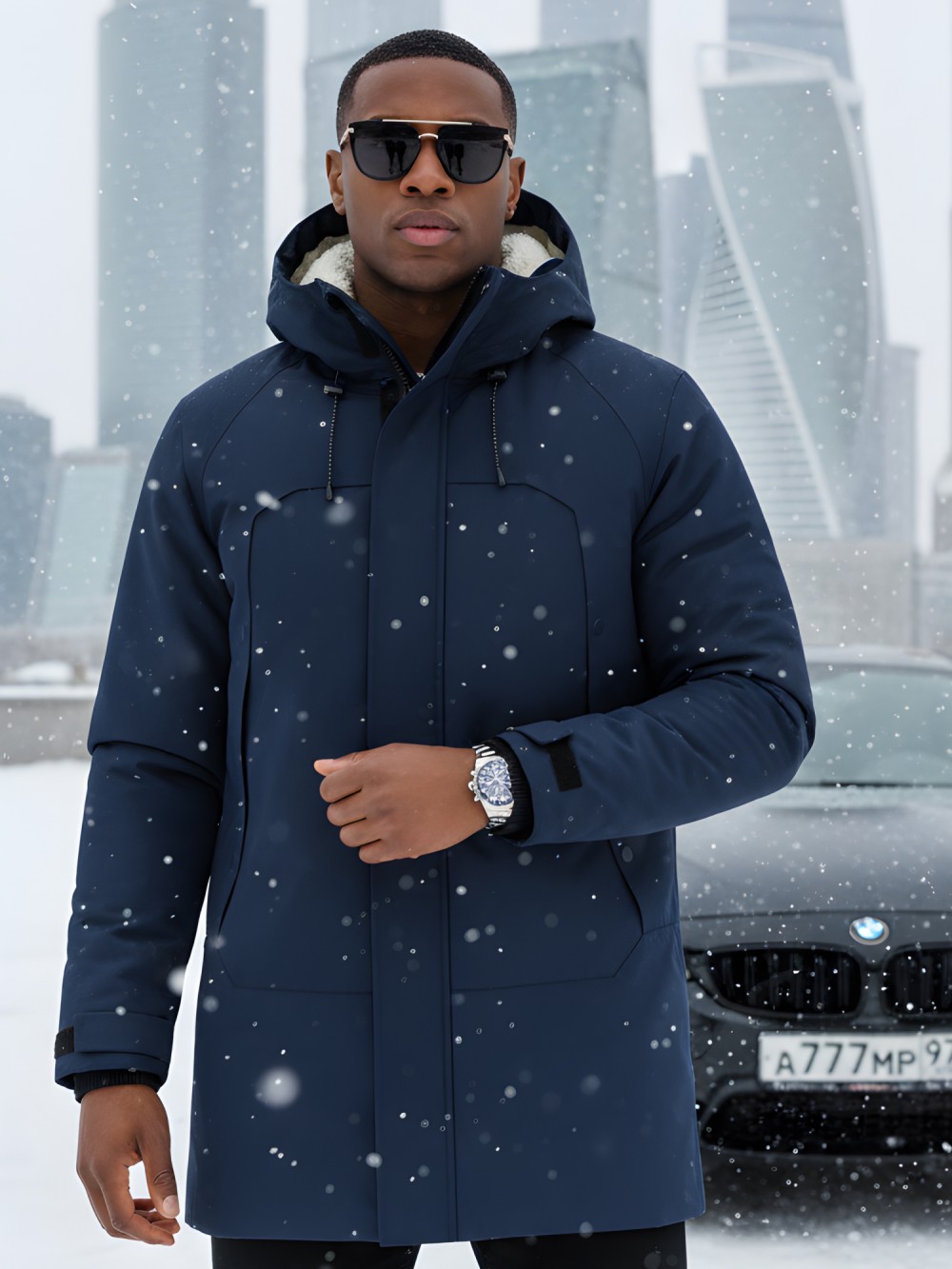 Парка зимняя мужская с капюшоном темно-синего цвета 9533-1TS
