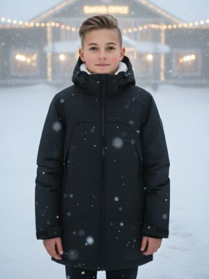 Парка зимняя подростковая для мальчика с капюшоном черного цвета 9533Ch