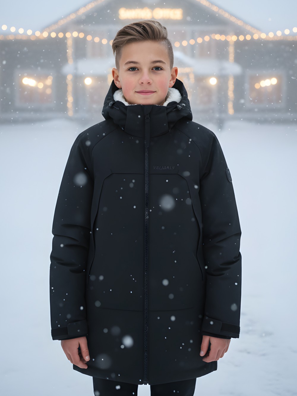 Парка зимняя подростковая для мальчика с капюшоном черного цвета 9533Ch