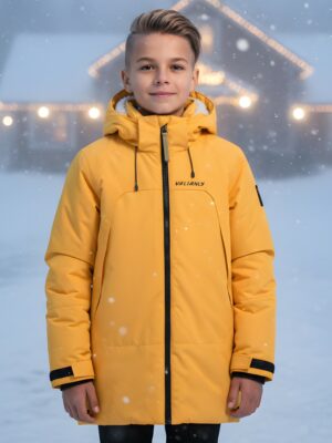 Парка зимняя подростковая для мальчика с капюшоном желтого цвета 9533J