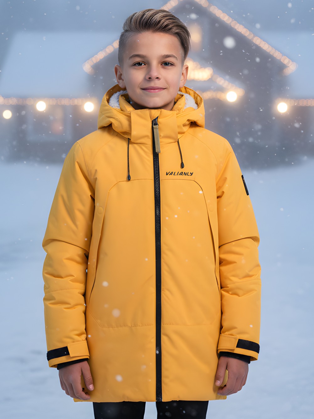 Парка зимняя подростковая для мальчика с капюшоном желтого цвета 9533J