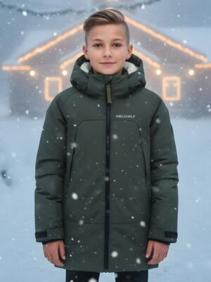 Парка зимняя подростковая для мальчика с капюшоном цвета хаки 9533Kh