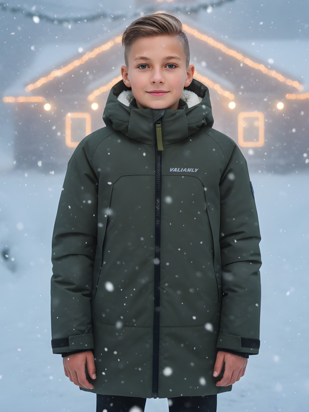 Парка зимняя подростковая для мальчика с капюшоном цвета хаки 9533Kh