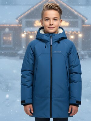 Парка зимняя подростковая для мальчика с капюшоном синего цвета 9533S