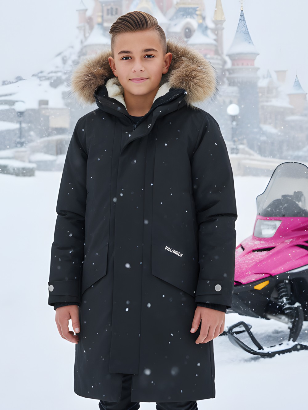 Парка зимняя подростковая для мальчика с капюшоном и мехом черного цвета 9535Ch