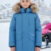 Парка зимняя подростковая для мальчика с капюшоном и мехом синего цвета 9535S