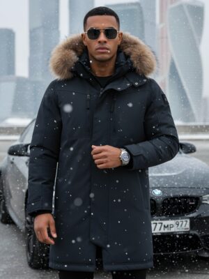 Парка зимняя мужская с капюшоном и мехом енот черного цвета 9537-1Ch