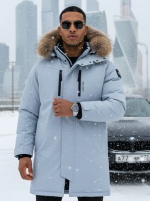 Парка зимняя мужская с капюшоном и мехом енот синего цвета 9537-1S