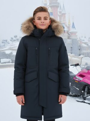 Парка зимняя подростковая для мальчика с капюшоном и мехом черного цвета 9537Ch