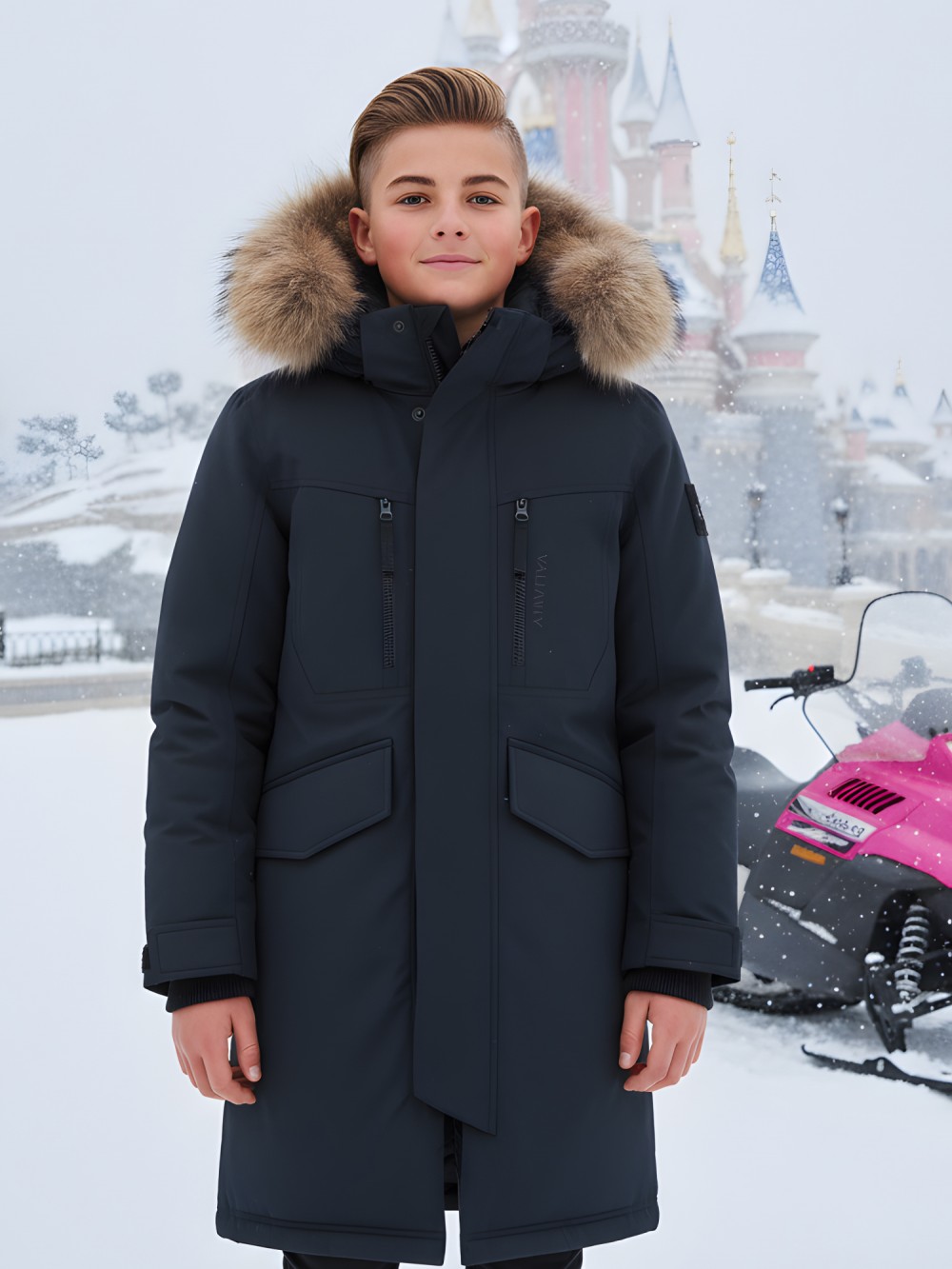 Парка зимняя подростковая для мальчика с капюшоном и мехом черного цвета 9537Ch