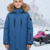 Парка зимняя подростковая для мальчика с капюшоном и мехом синего цвета 9537S