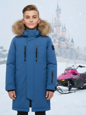 Парка зимняя подростковая для мальчика с капюшоном и мехом синего цвета 9537S