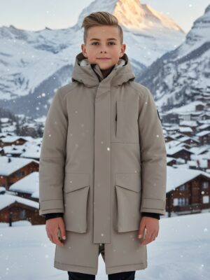 Парка зимняя подростковая для мальчика с капюшоном бежевого цвета 9539B
