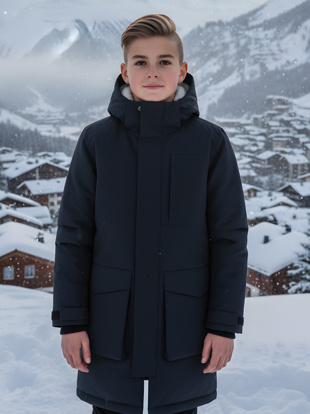 Парка зимняя подростковая для мальчика с капюшоном черного цвета 9539Ch