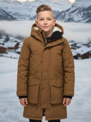 Парка зимняя подростковая для мальчика с капюшоном коричневого цвета 9539K