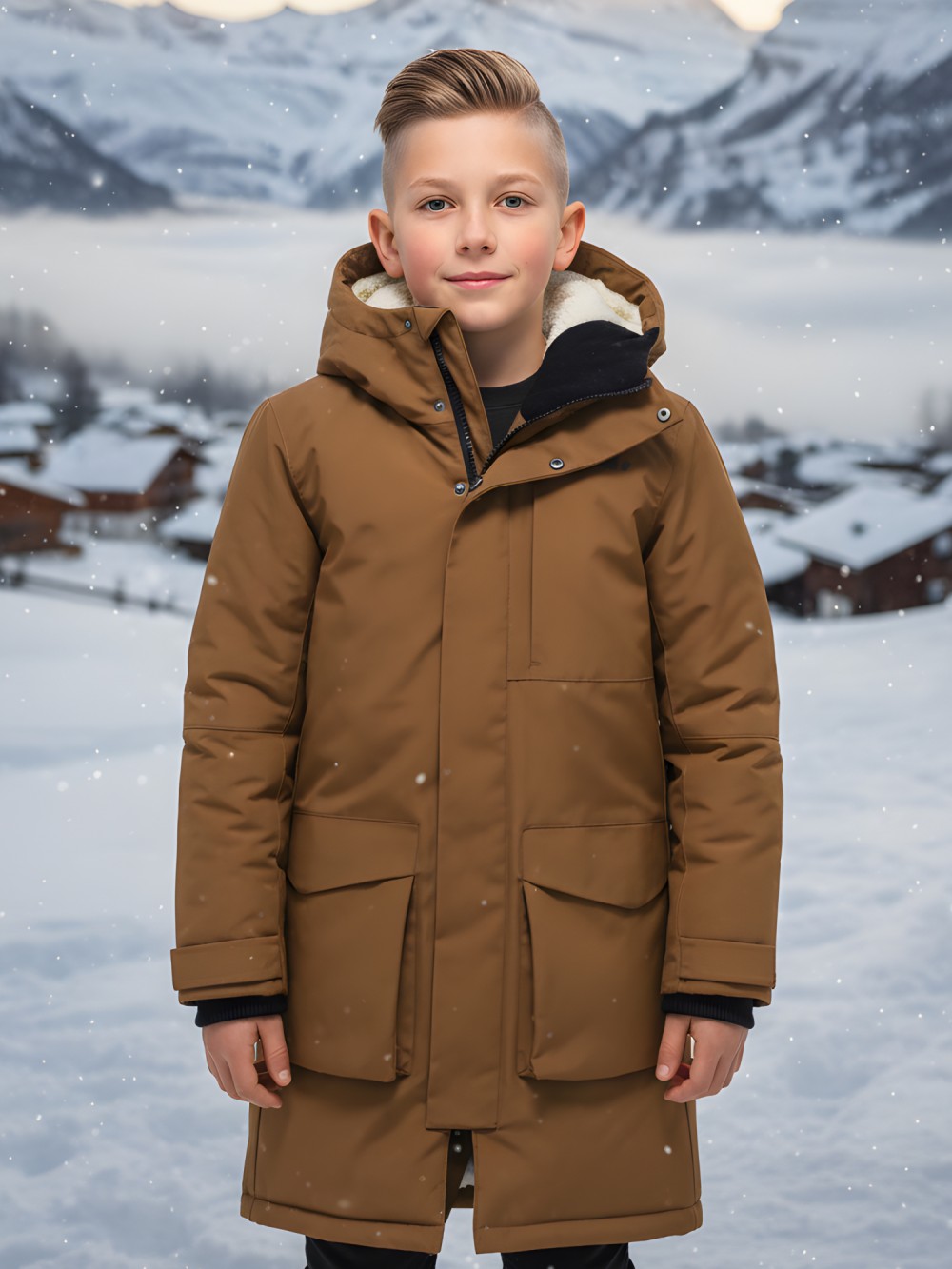 Парка зимняя подростковая для мальчика с капюшоном коричневого цвета 9539K