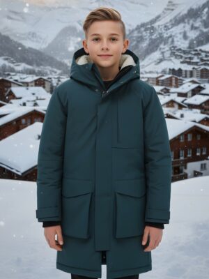 Парка зимняя подростковая для мальчика с капюшоном темно-зеленого цвета 9539TZ