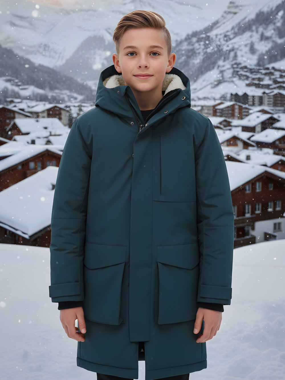 Парка зимняя подростковая для мальчика с капюшоном темно-зеленого цвета 9539TZ
