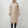 Пальто утепленное стеганное зимнее с капюшоном женское бежевого цвета 9606B
