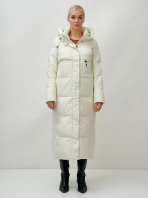 Пальто утепленное стеганное зимнее с капюшоном женское бежевого цвета 9611B