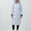 Пальто утепленное стеганное зимнее с капюшоном женское светло-серого цвета 9615SS