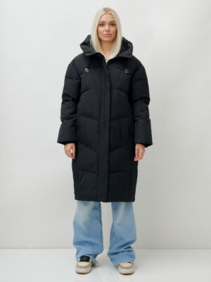 Пальто летучая мышь женское с капюшоном зимнее черного цвета 9616Ch