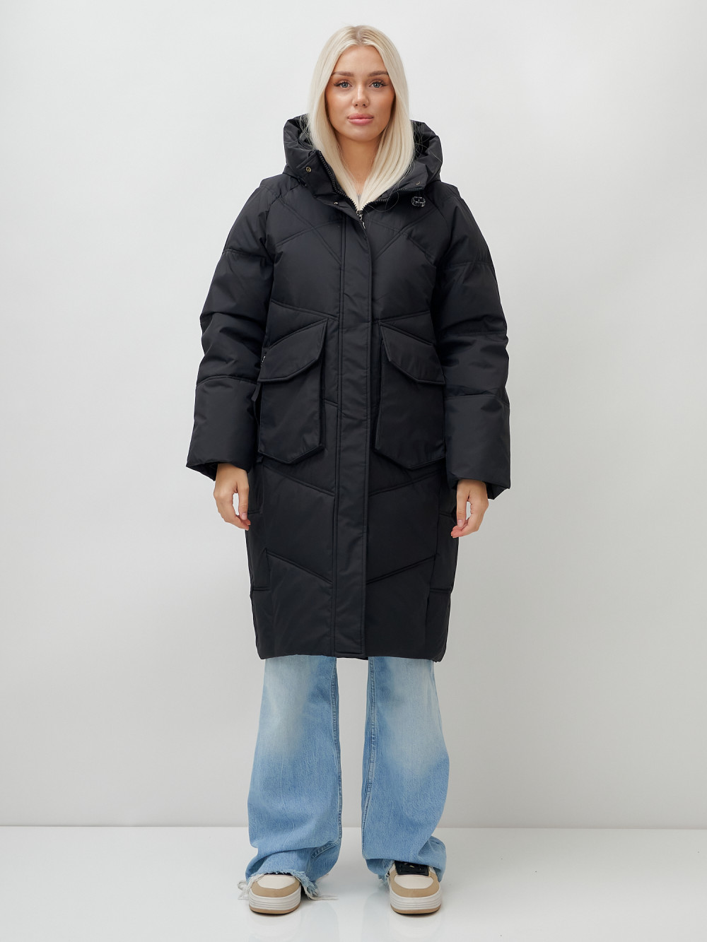 Пальто летучая мышь женское с капюшоном зимнее черного цвета 9618Ch