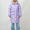 Пальто летучая мышь женское с капюшоном зимнее фиолетового цвета 9618F