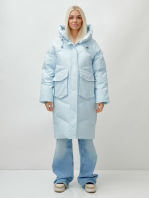 Пальто летучая мышь женское с капюшоном зимнее голубого цвета 9618Gl